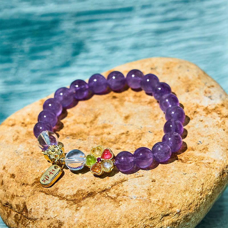Buddha Stones Natural Amethyst White Crystal Flower Healing Safe And Well Charm Bracelet - Amethyst(Wrist Circumference: 14-17cm) - image 0