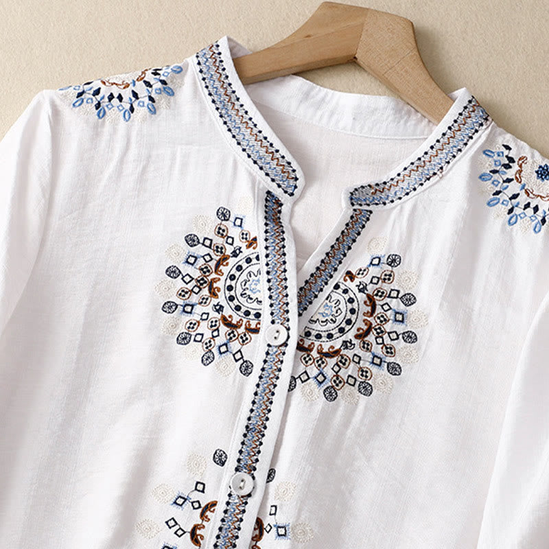 Chemise décontractée pour femme Foviel à fleurs brodées style bohème et col en V avec manches mi-longues