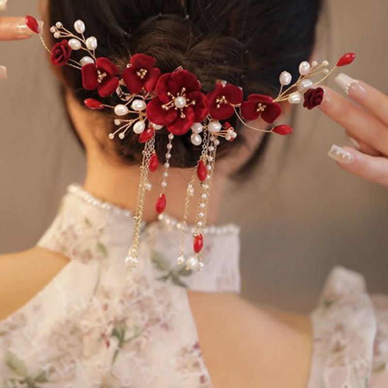 Pince à cheveux de mariage oriental chinois Foviel avec rose rouge