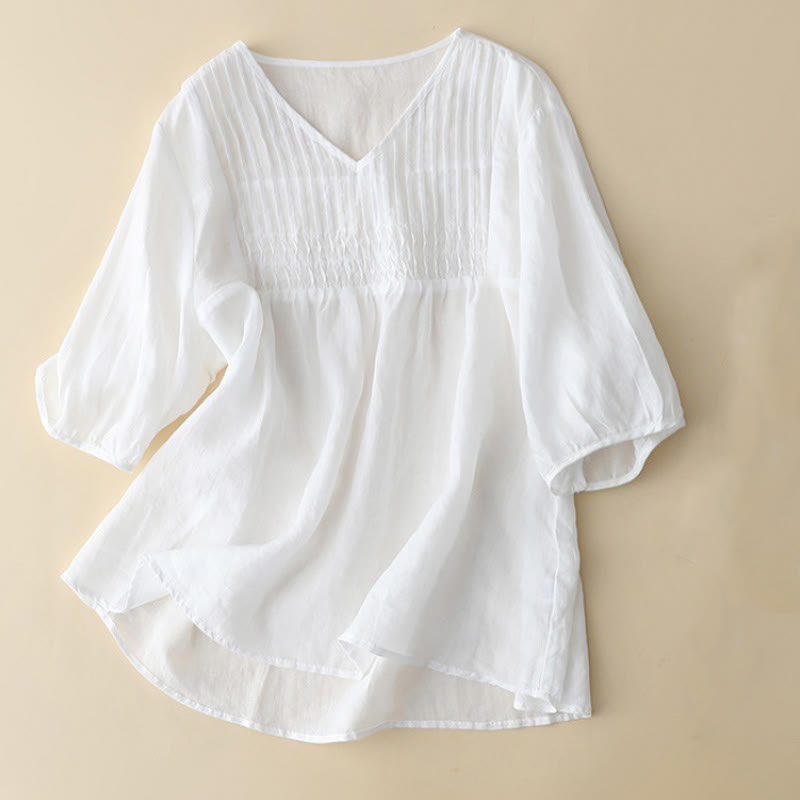 Buddha Stones Casual Plain Loose Women's V-Neck Design Half Sleeve Cotton Shirt - image 12