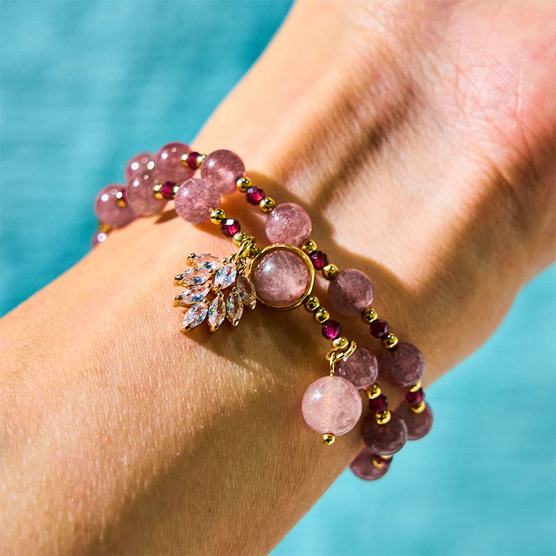 Foviel Natural Strawberry Quartz Love Healing Maple Leaf Charm Double Wrap Bracelet