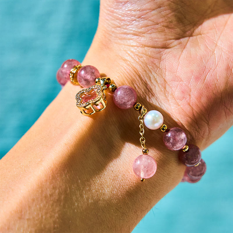 Foviel Strawberry Quartz Pearl Four Leaf Clover Charm Healing Bracelet