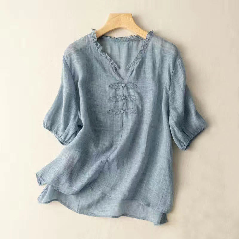 Buddha Stones Casual Embroidery Leaf Ungus Edge Wrinkle Women's V-neck Design Half Sleeve Cotton Shirt - LightSkyBlue - US12,UK/AU16,EU44 (3XL) - image 0