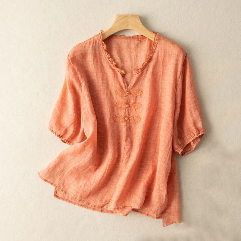 Buddha Stones Casual Embroidery Leaf Ungus Edge Wrinkle Women's V-neck Design Half Sleeve Cotton Shirt - LightSalmon - US12,UK/AU16,EU44 (3XL) - image 6