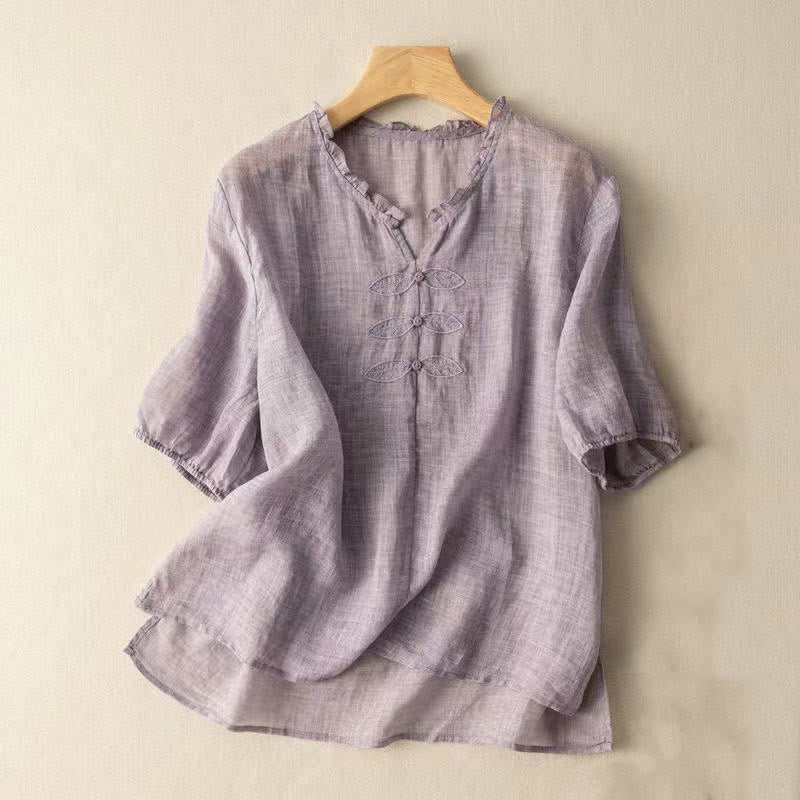 Buddha Stones Casual Embroidery Leaf Ungus Edge Wrinkle Women's V-neck Design Half Sleeve Cotton Shirt - Thistle - US12,UK/AU16,EU44 (3XL) - image 11