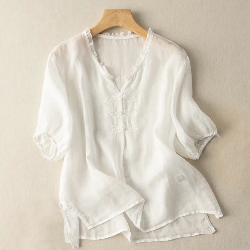 Buddha Stones Casual Embroidery Leaf Ungus Edge Wrinkle Women's V-neck Design Half Sleeve Cotton Shirt - Ivory - US12,UK/AU16,EU44 (3XL) - image 15