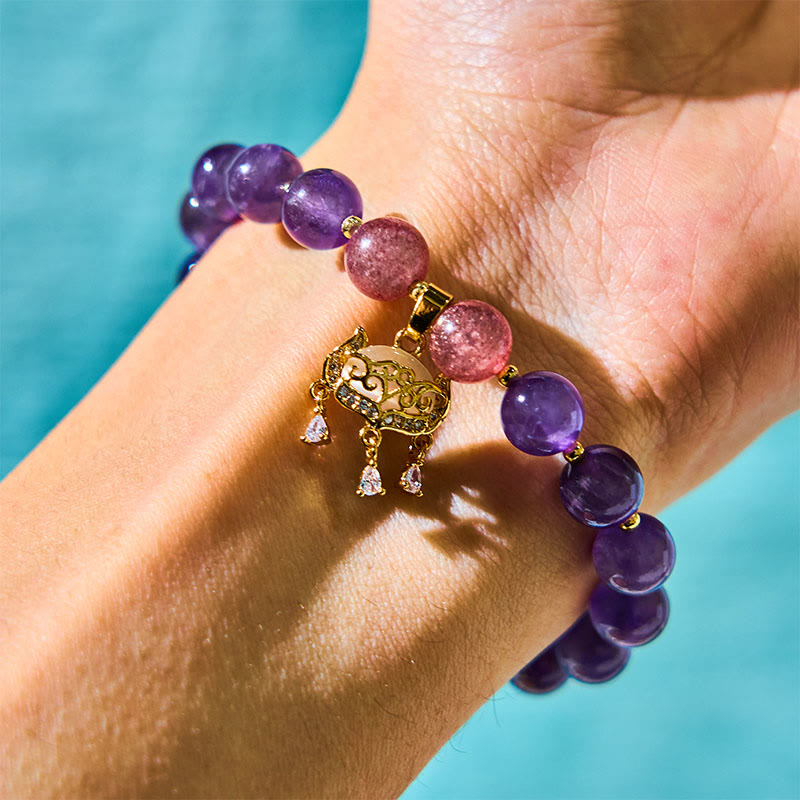 Foviel Natural Amethyst Strawberry Quartz Peace Lock Charm Positive Bracelet