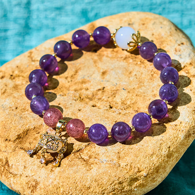 Foviel Natural Amethyst Strawberry Quartz Peace Lock Charm Positive Bracelet