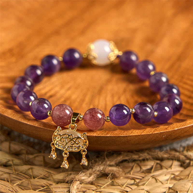 Foviel Natural Amethyst Strawberry Quartz Peace Lock Charm Positive Bracelet
