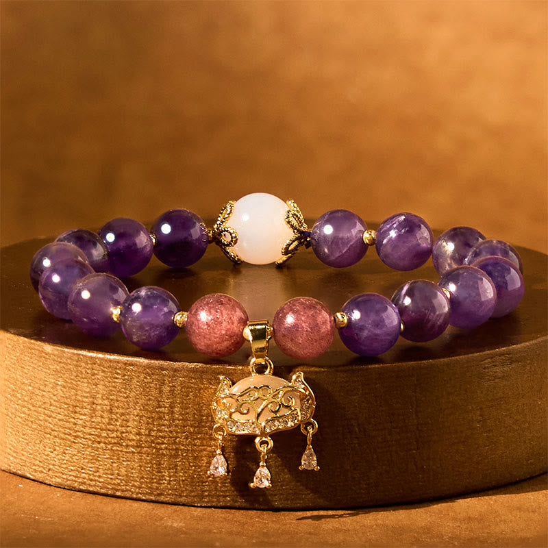 Foviel Natural Amethyst Strawberry Quartz Peace Lock Charm Positive Bracelet