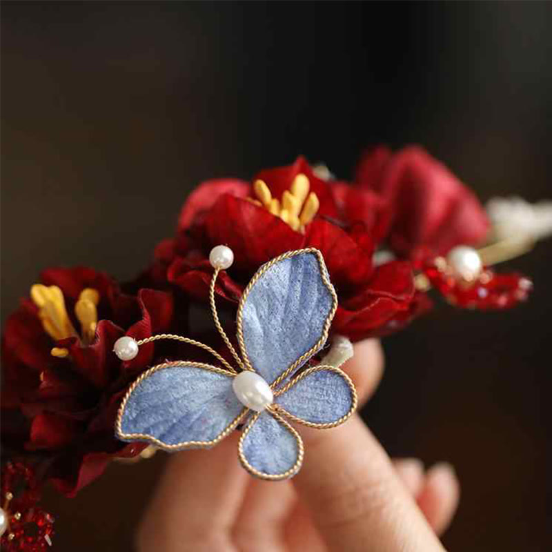 Pince à cheveux Foviel de mariage chinois avec fleur rouge et papillon