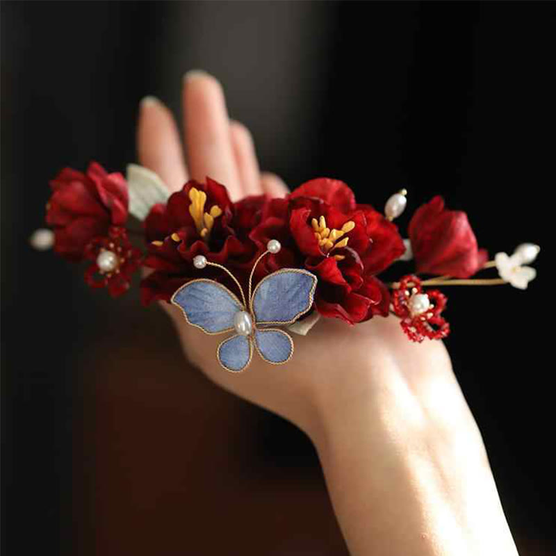 Pince à cheveux Foviel de mariage chinois avec fleur rouge et papillon