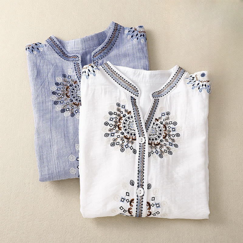 Chemise décontractée pour femme Foviel à fleurs brodées style bohème et col en V avec manches mi-longues