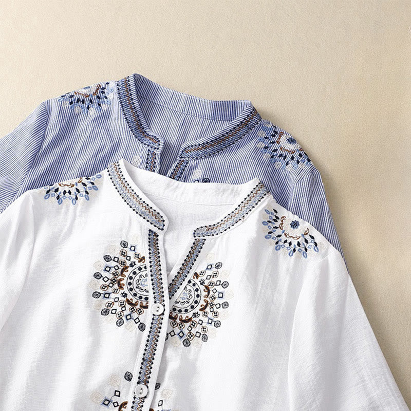 Chemise décontractée pour femme Foviel à fleurs brodées style bohème et col en V avec manches mi-longues