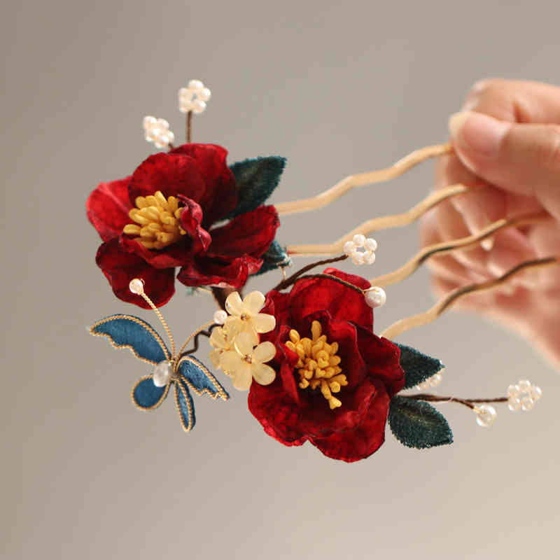 Foviel Chinese Style Red Camellia Butterfly Hair Clip Hair Comb Hairpin Barrette Accessory