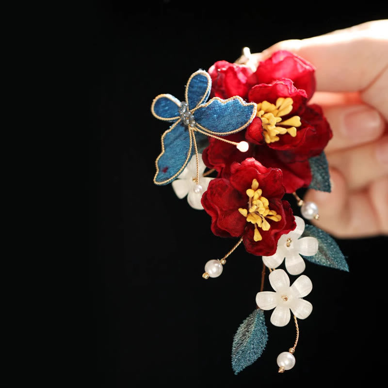 Foviel chinesischer Stil rote Kamelie Schmetterling Haar Clip Hair Comb Haarnadel Barritte Zubehör