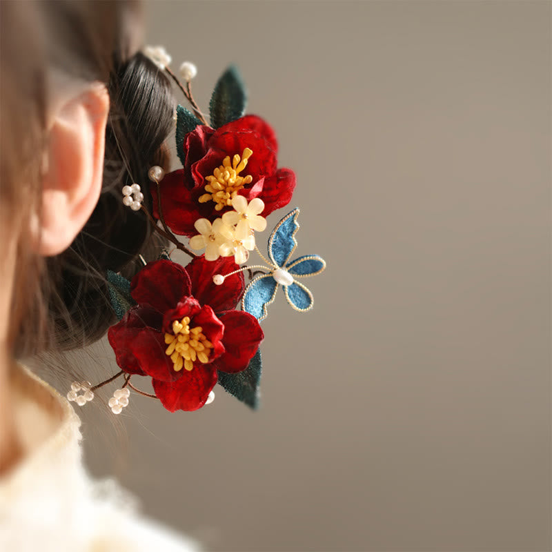 Foviel Chinese Style Red Camellia Butterfly Hair Clip Hair Comb Hairpin Barrette Accessory