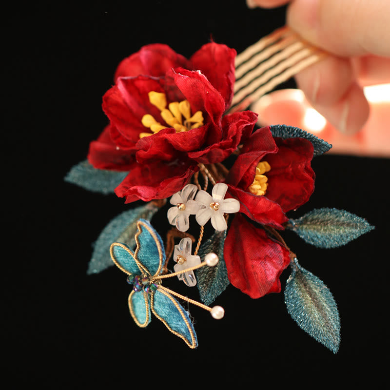Foviel chinesischer Stil rote Kamelie Schmetterling Haar Clip Hair Comb Haarnadel Barritte Zubehör