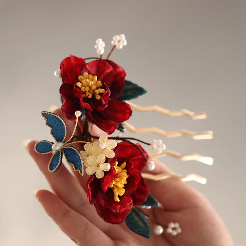 Foviel chinesischer Stil rote Kamelie Schmetterling Haar Clip Hair Comb Haarnadel Barritte Zubehör
