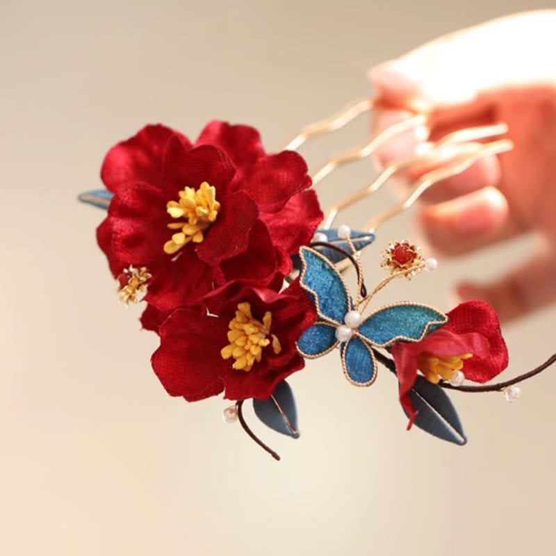 Foviel Chinese Style Red Camellia Butterfly Hair Clip Hair Comb Hairpin Barrette Accessory
