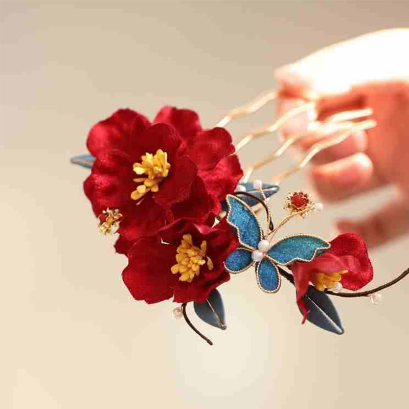 Foviel Chinesische Hochzeit rote Blume Schmetterling Haarkamm Haarnadel Barrette