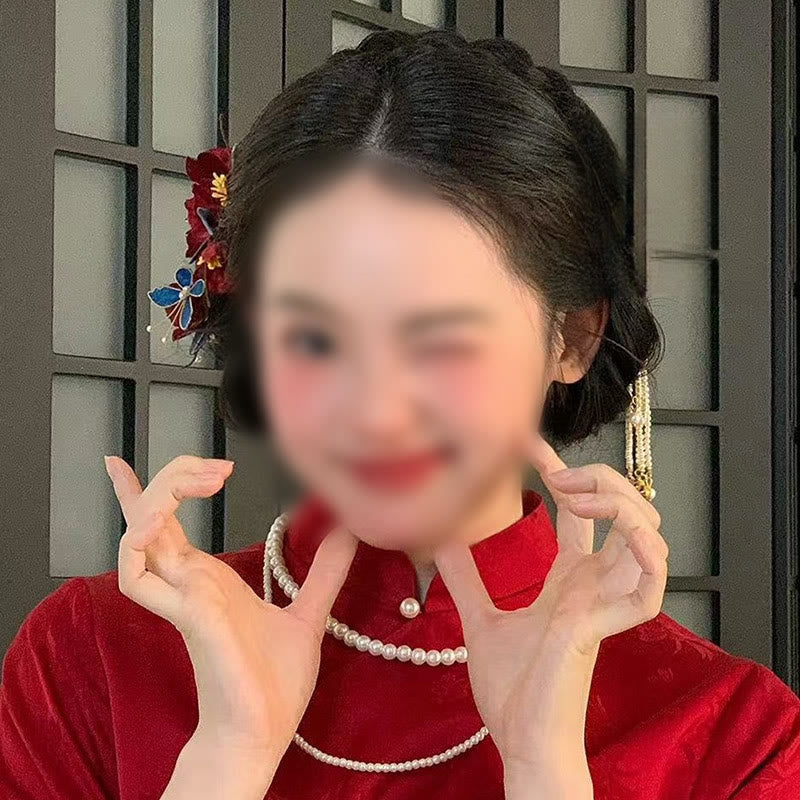 Foviel Chinesische Hochzeit rote Blume Schmetterling Haarkamm Haarnadel Barrette