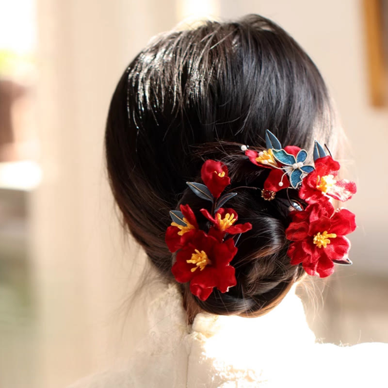 Foviel Chinesische Hochzeit rote Blume Schmetterling Haarkamm Haarnadel Barrette