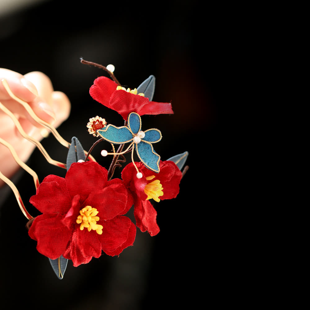 Foviel Chinesische Hochzeit rote Blume Schmetterling Haarkamm Haarnadel Barrette