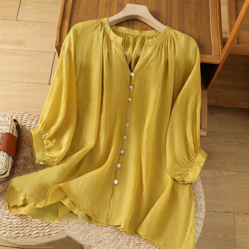Buddha Stones Casual Plain Women's Single Row Multi-Button V-Neck Design Three Quarter Sleeve Cotton Linen Shirt - Gold - US12,UK/AU16,EU44 (2XL) - image 0