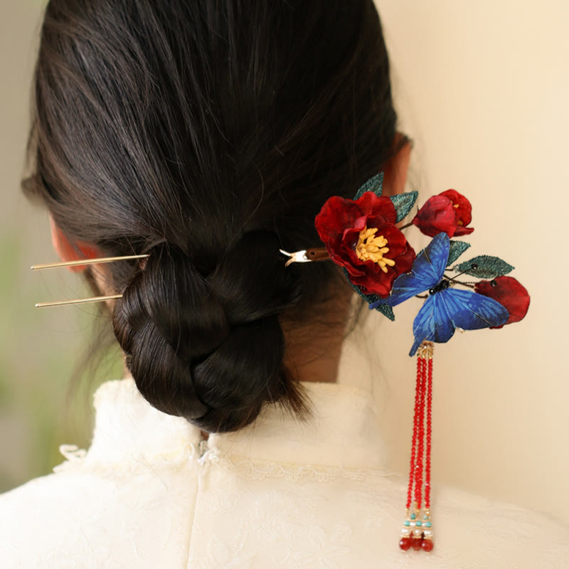 Épingle à cheveux Foviel style chinois classique fleur rouge et papillon bleu