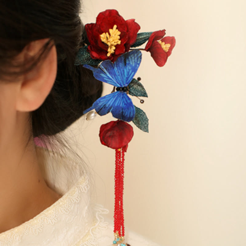 Épingle à cheveux Foviel style chinois classique fleur rouge et papillon bleu