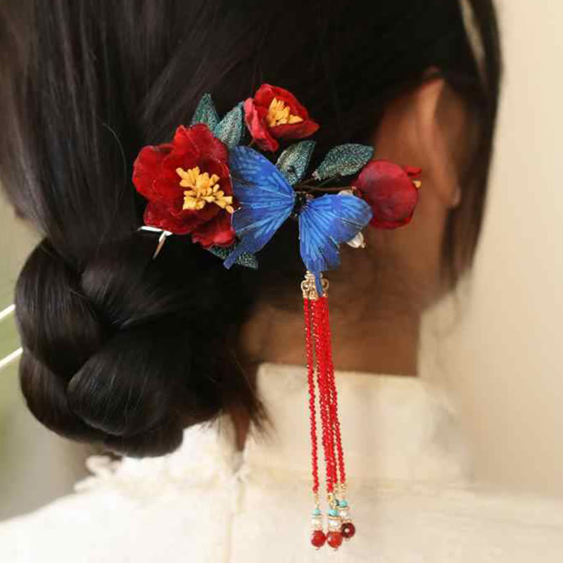 Épingle à cheveux Foviel style chinois classique fleur rouge et papillon bleu