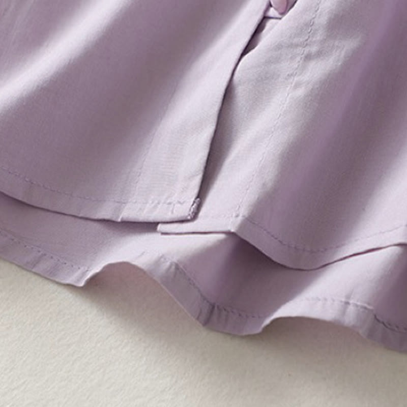 Buddha Stones Casual Plain Frog-Button Women's Ruffle Collar Design Half Sleeve Cotton Linen Shirt - image 12