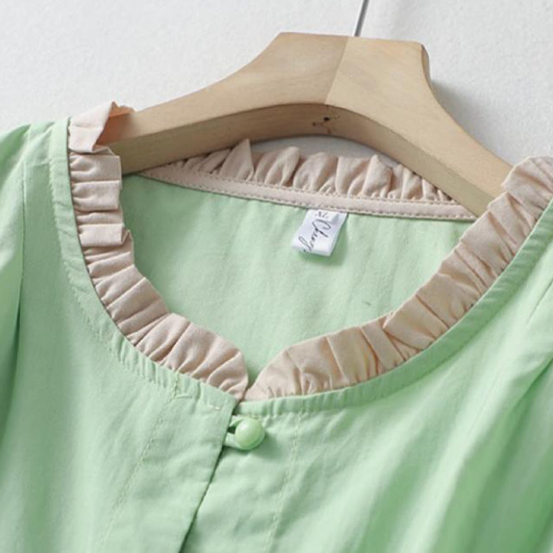 Buddha Stones Casual Plain Frog-Button Women's Ruffle Collar Design Half Sleeve Cotton Linen Shirt - image 14