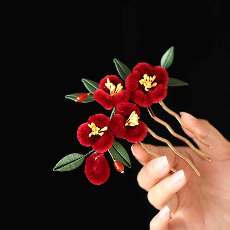 Foviel Classical Chinese Style Red Flower Blue Butterfly Hairpin Hair Comb Barrette