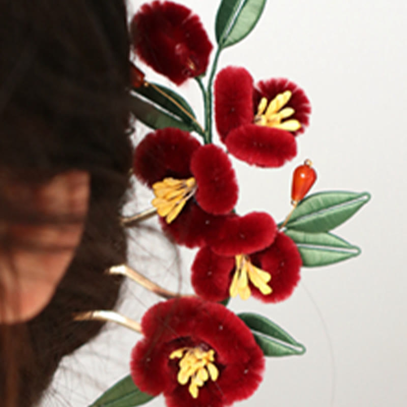 Foviel Classical Chinese Style Red Flower Blue Butterfly Hairpin Hair Comb Barrette