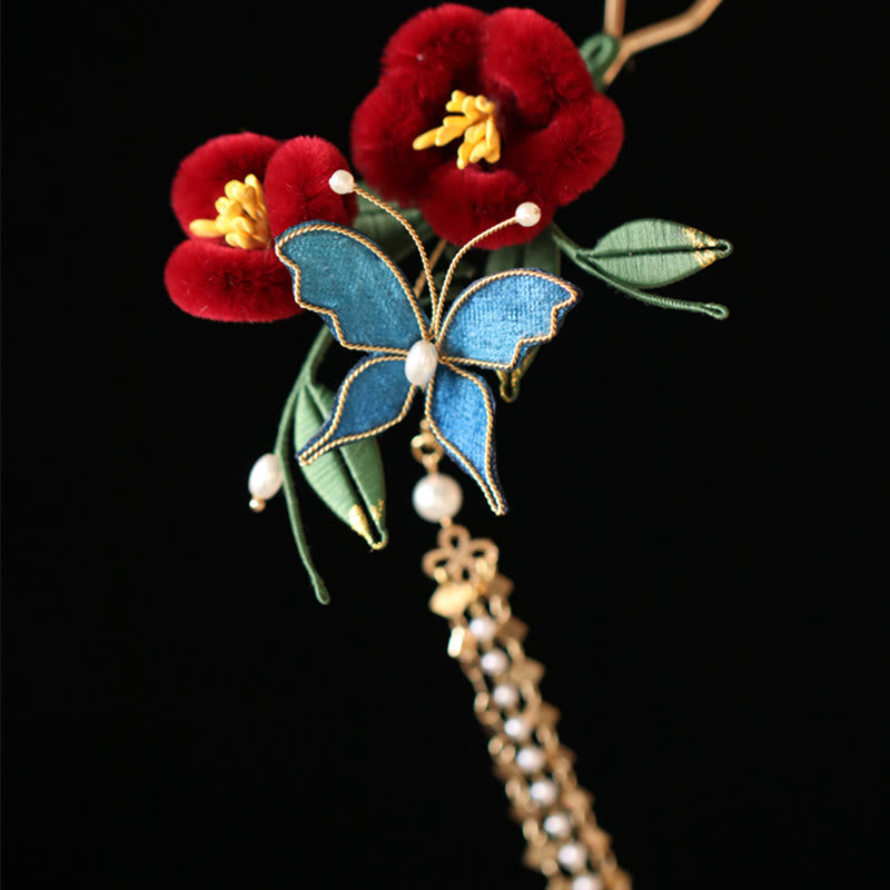 Foviel Classical Chinese Style Red Flower Blue Butterfly Hairpin Hair Comb Barrette