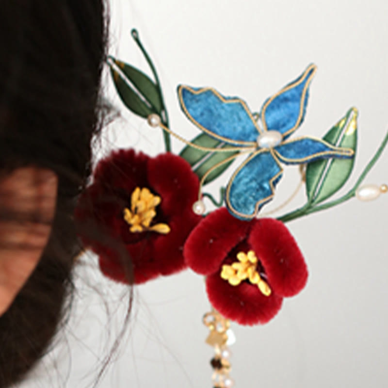 Foviel Classical Chinese Style Red Flower Blue Butterfly Hairpin Hair Comb Barrette