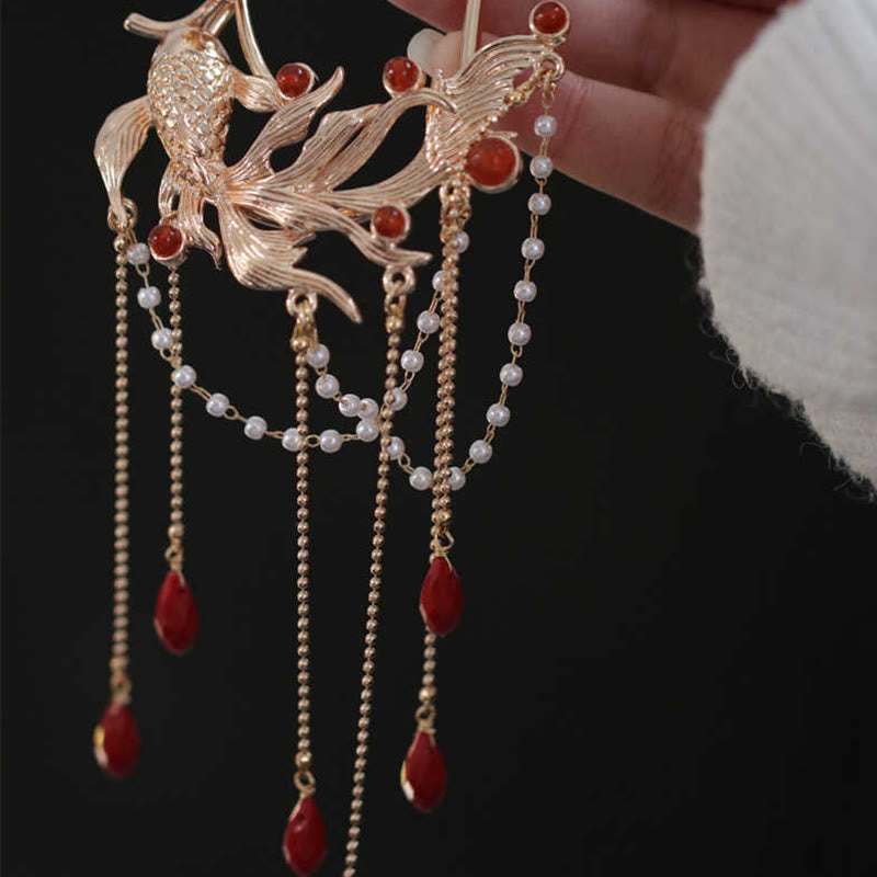 Foviel Chinese Style Koi Fish Flower Tassel Red Agate Copper Gold Plated Hairpin Hair Comb