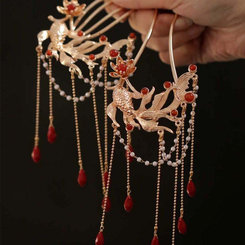 Foviel Chinese Style Koi Fish Flower Tassel Red Agate Copper Gold Plated Hairpin Hair Comb