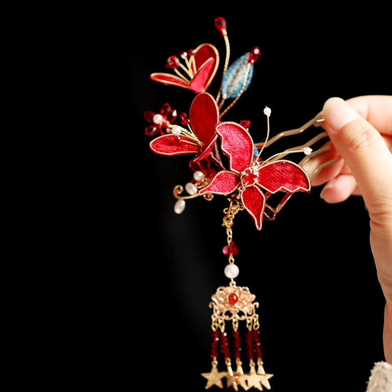 Foviel Classical Chinese Style Red Flower Butterfly Tassel Hair Comb Hairpin