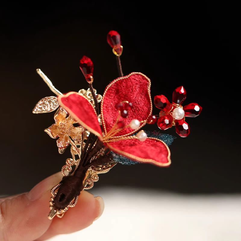 Foviel Classical Chinese Style Red Flower Butterfly Tassel Hair Comb Hairpin