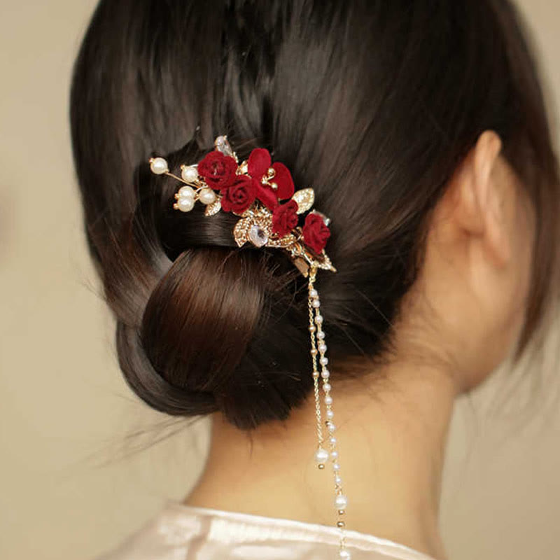 Pince à cheveux latérale à pompon fleur de camélia rouge style chinois rétro Foviel
