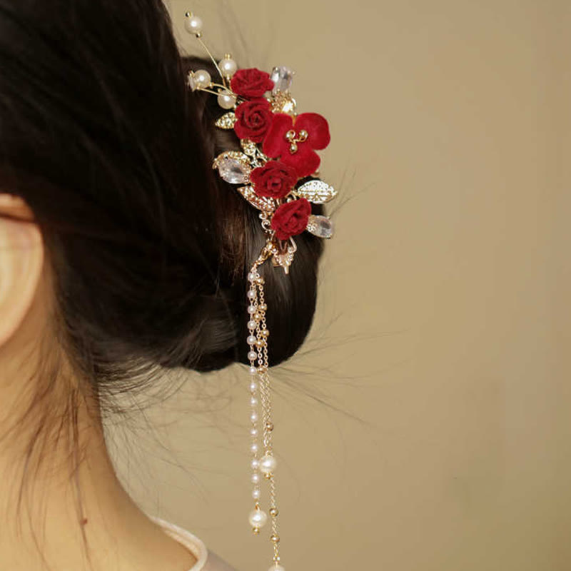 Pince à cheveux latérale à pompon fleur de camélia rouge style chinois rétro Foviel
