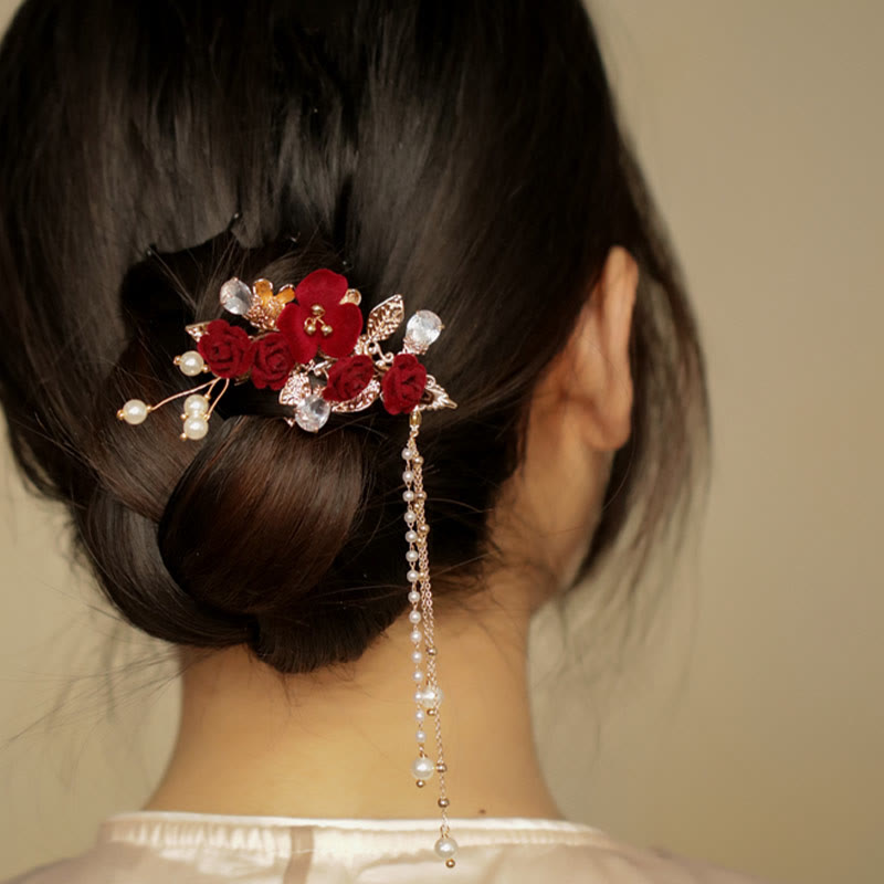 Pince à cheveux latérale à pompon fleur de camélia rouge style chinois rétro Foviel