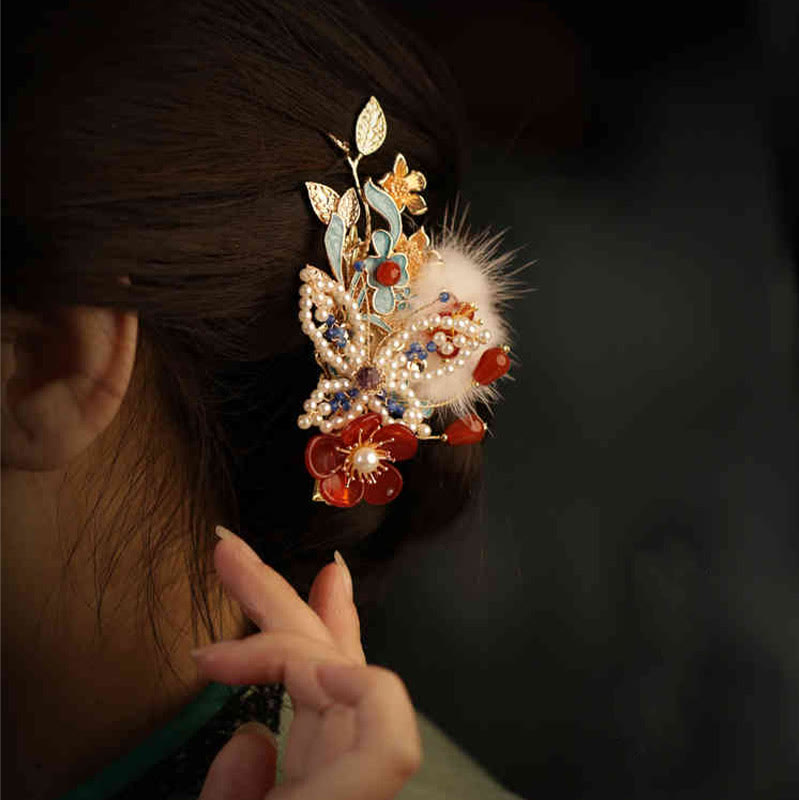 Pince à cheveux Foviel style chinois classique avec fleur rouge, papillon et perle