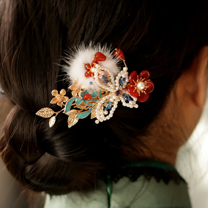 Pince à cheveux Foviel style chinois classique avec fleur rouge, papillon et perle