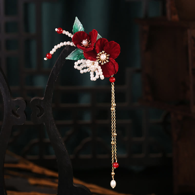Ensemble de pinces à cheveux Foviel Antiquity à fleurs rouges et pampilles de perles