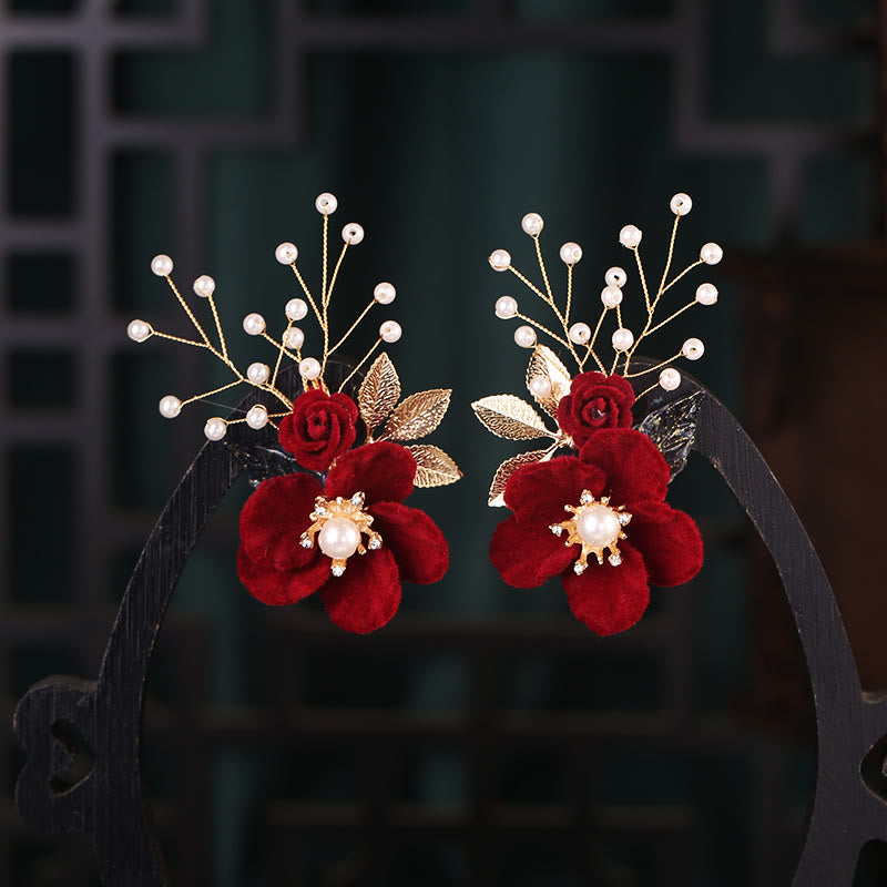 Ensemble de pinces à cheveux Foviel Antiquity à fleurs rouges et pampilles de perles
