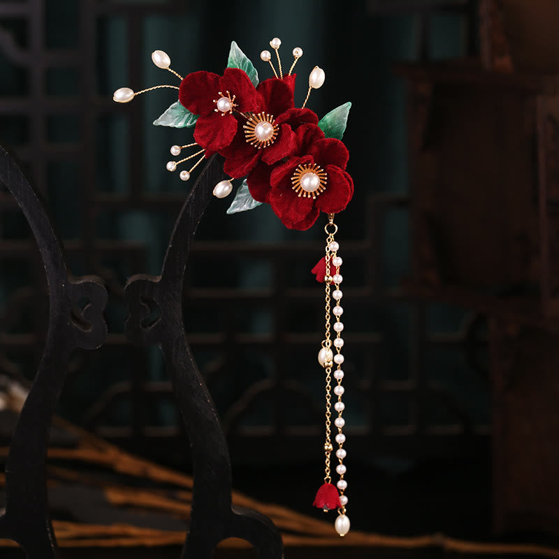 Ensemble de pinces à cheveux Foviel Antiquity à fleurs rouges et pampilles de perles
